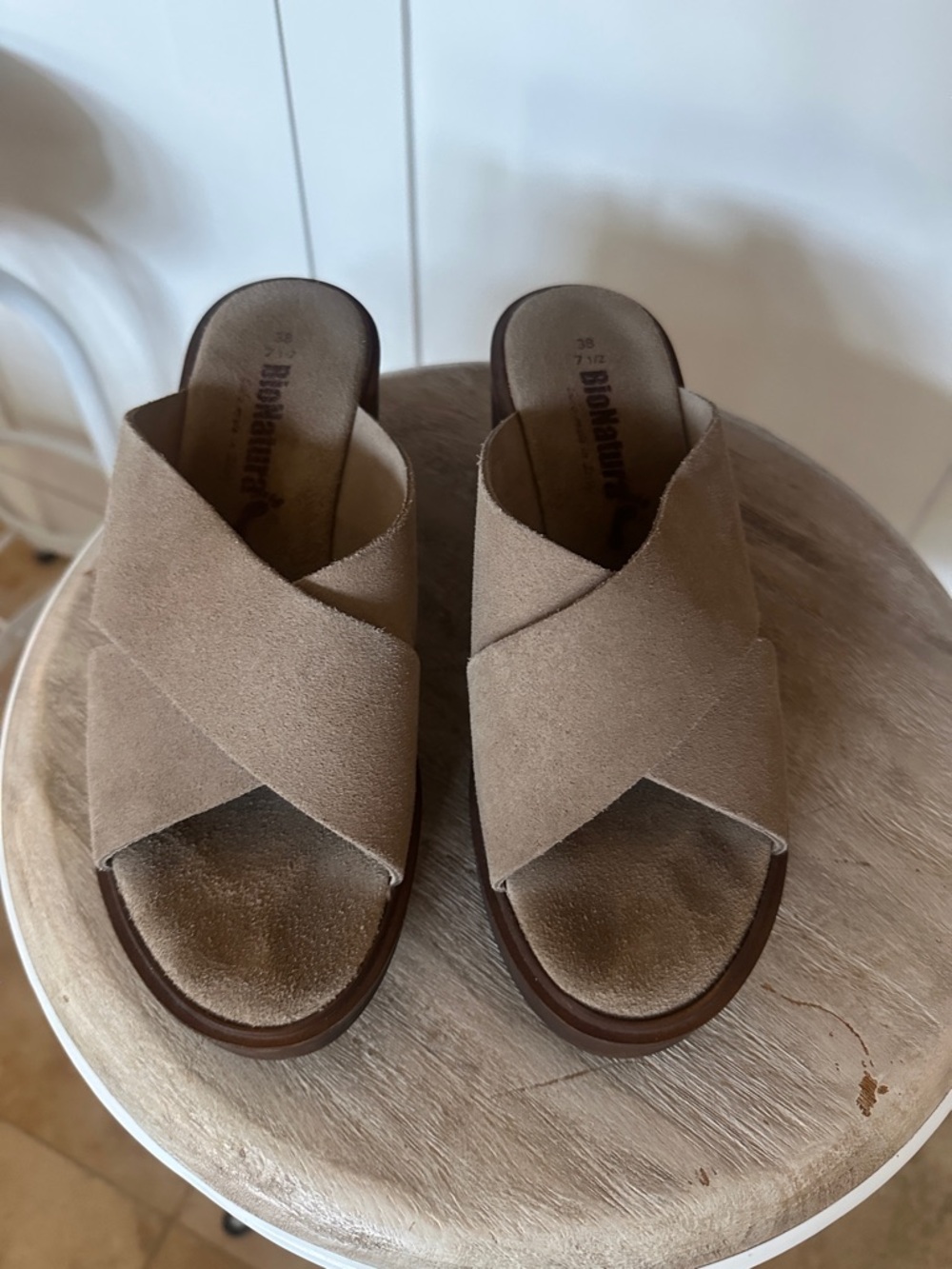Bionatura Taupe Suede Crisscross Slide Sandals